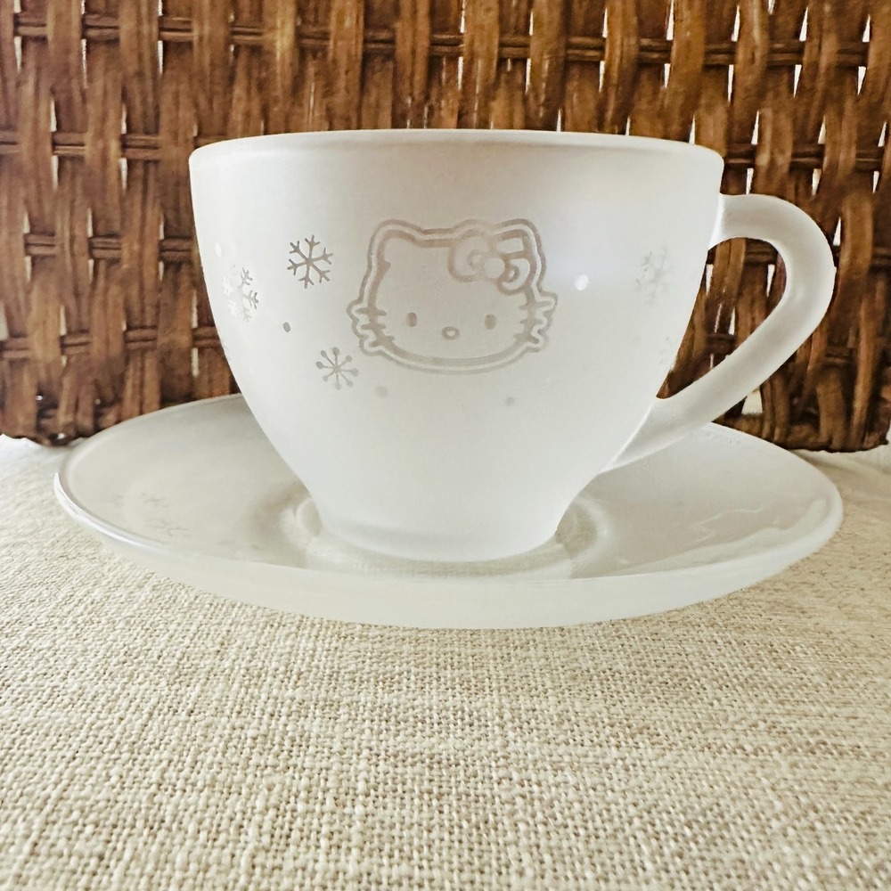Vintage Hello Kitty Sanrio Tea Cup Saucer Frosted Glass 90s‎